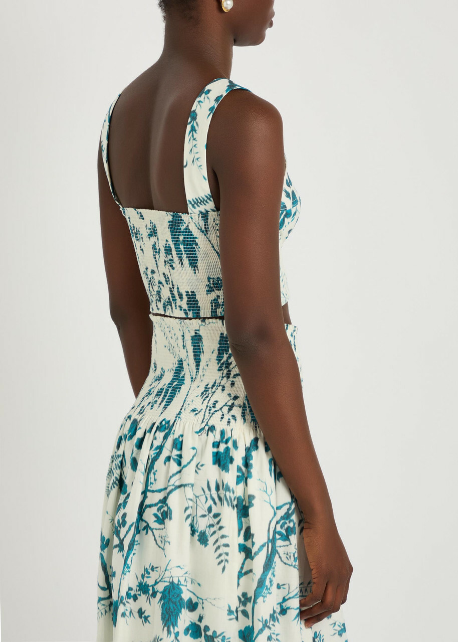 Erdem Floral-print Cotton and Linen-blend Crop top Blue
