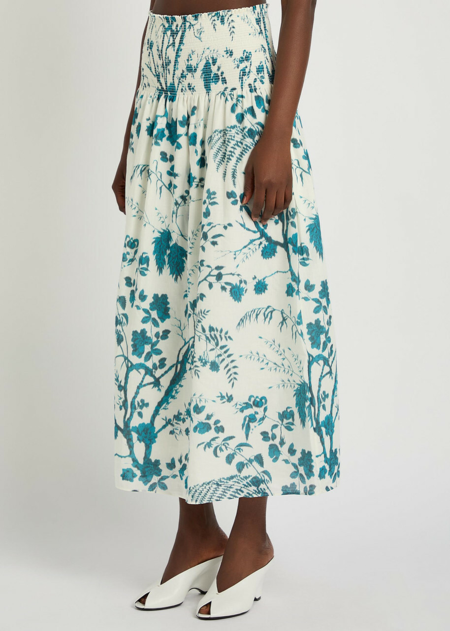 Erdem Floral-print Cotton and Linen-blend Midi Skirt Blue