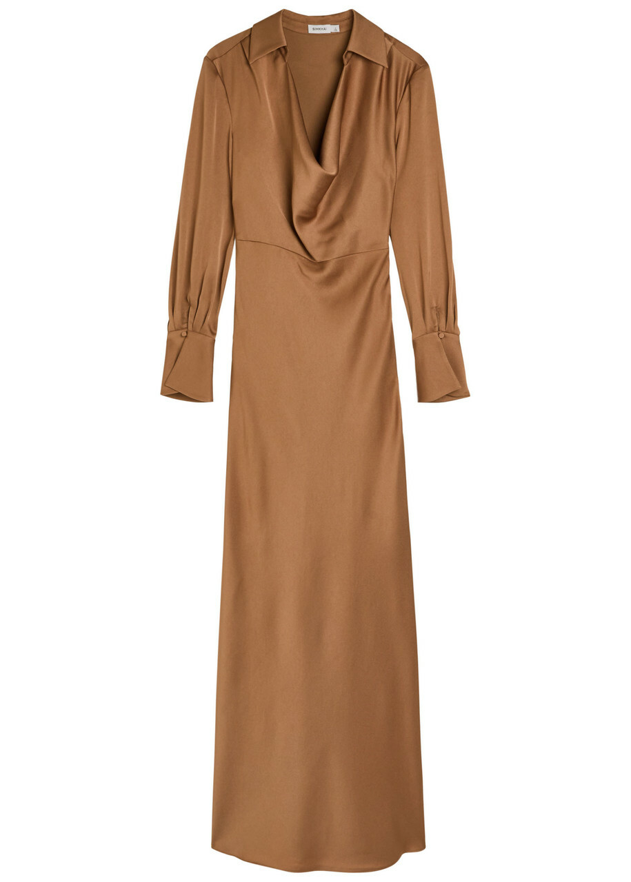 Simkhai Adelle Draped Satin Maxi Shirt Dress Brown
