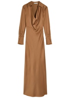 Simkhai Adelle Draped Satin Maxi Shirt Dress Brown
