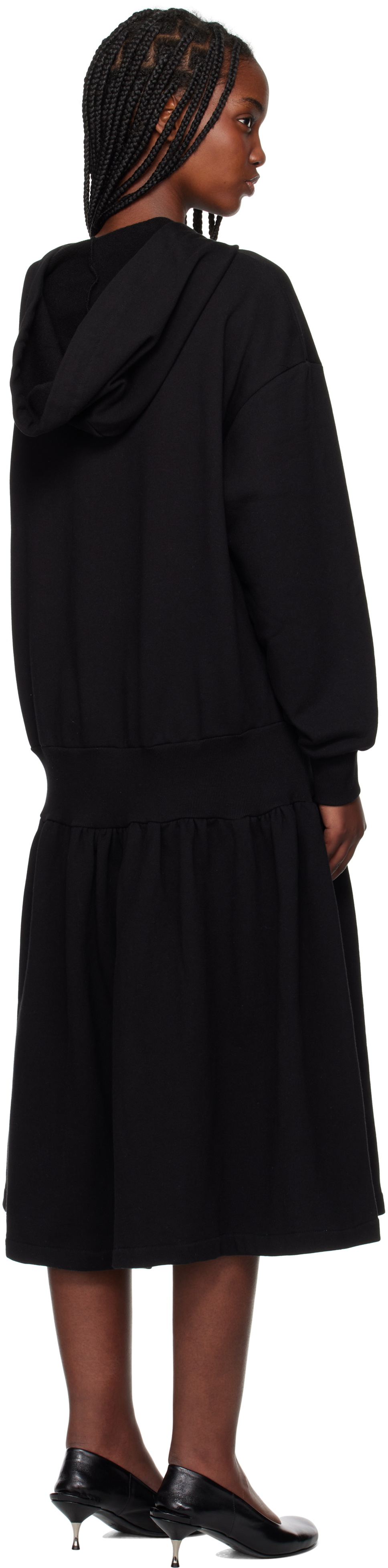 OPEN YY Black Jersey Shirring Hoodie Midi Dress
