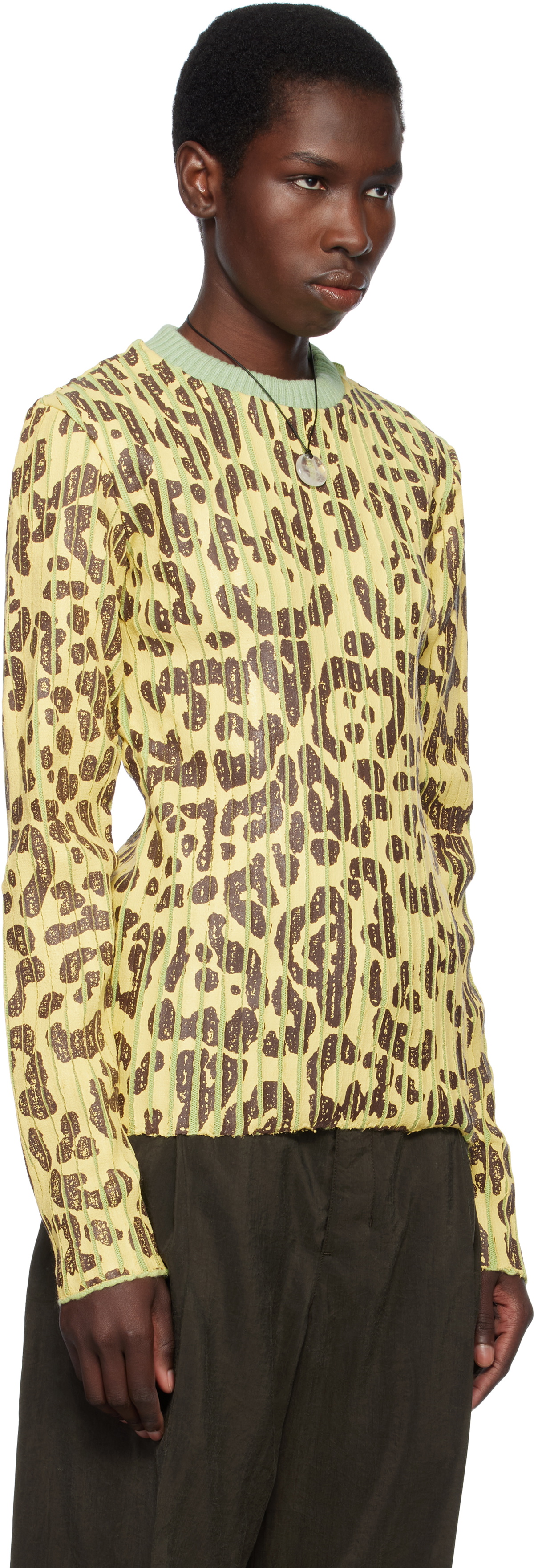 Stanley Raffington Yellow & Green Leopard Print Plated Knit Crewneck Sweater
