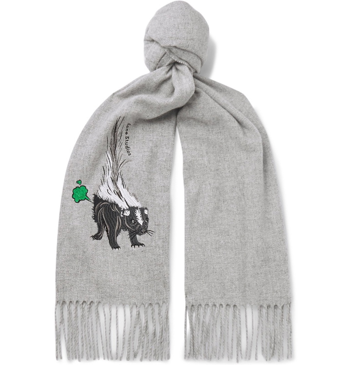 Photo: Acne Studios - Fringed Embroidered Mélange Brushed-Wool Scarf - Gray