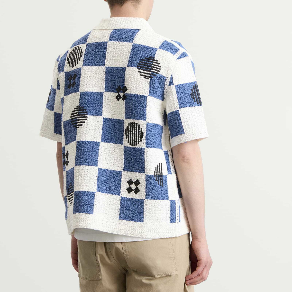 Wax London Men's Porto Square Crochet Shirt in Ecru/Blue