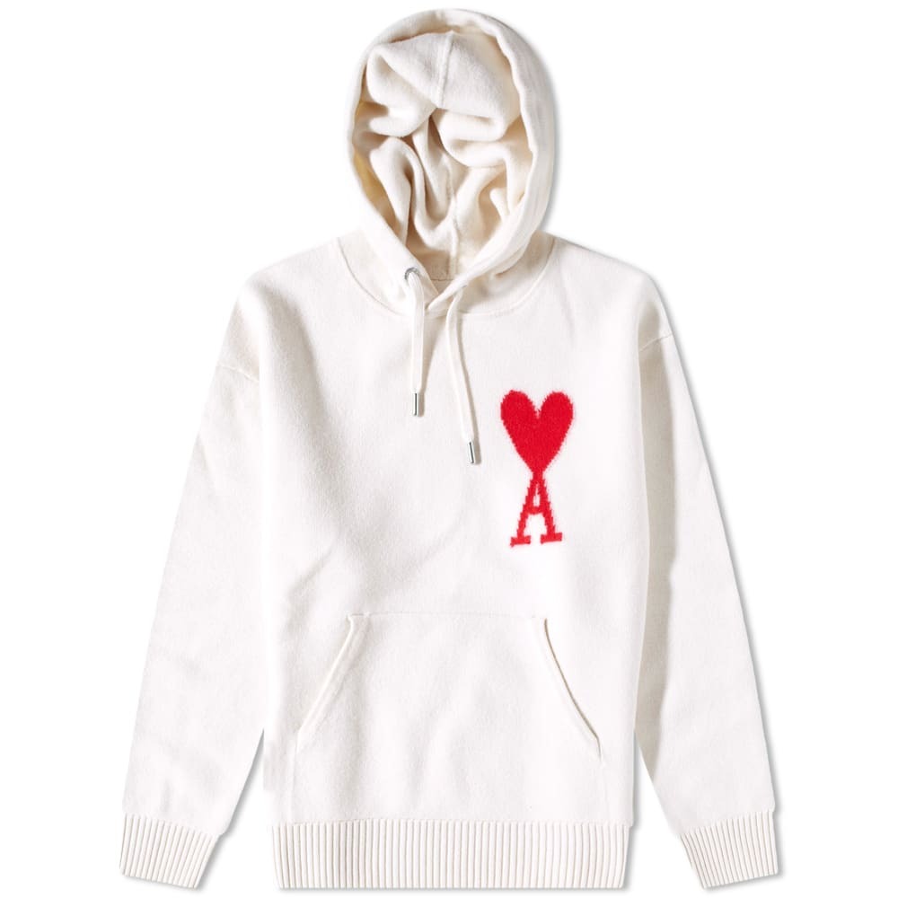 AMI Men's A Heart Knit Hoody in Off White/Red AMI
