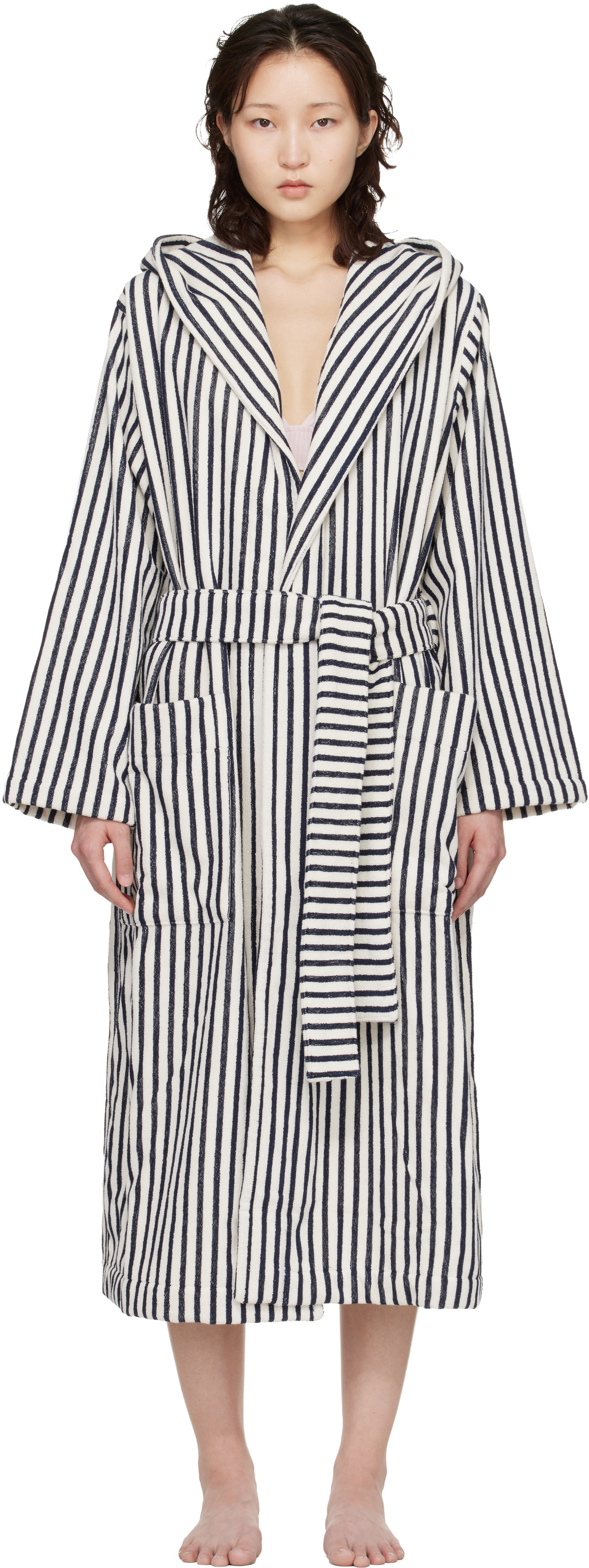 Tekla White & Navy Terry Hooded Bathrobe