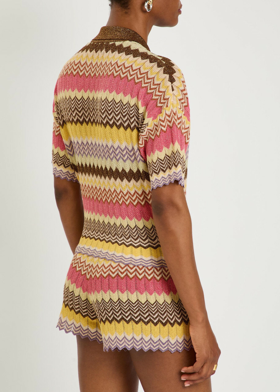 Faithfull The Brand Raya Chevron Pointelle Metallic-knit Polo top Stripe