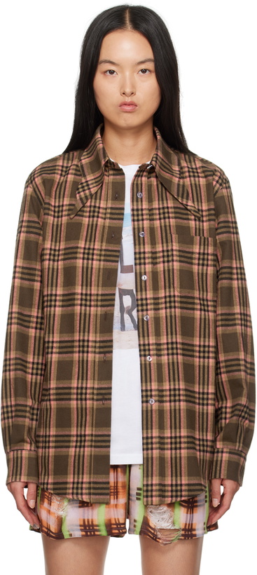Photo: Collina Strada Brown & Pink Plaid Bat Button Up Shirt