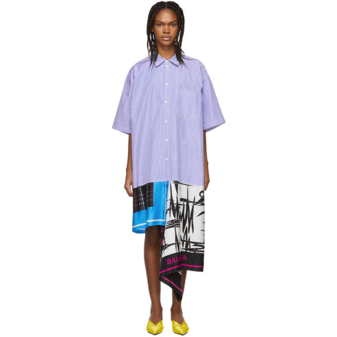 Balenciaga Blue and White Scarf Shirt Dress Balenciaga