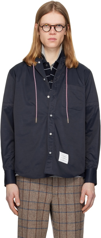 Photo: Thom Browne Navy Hooded Nylon Armband Shirt