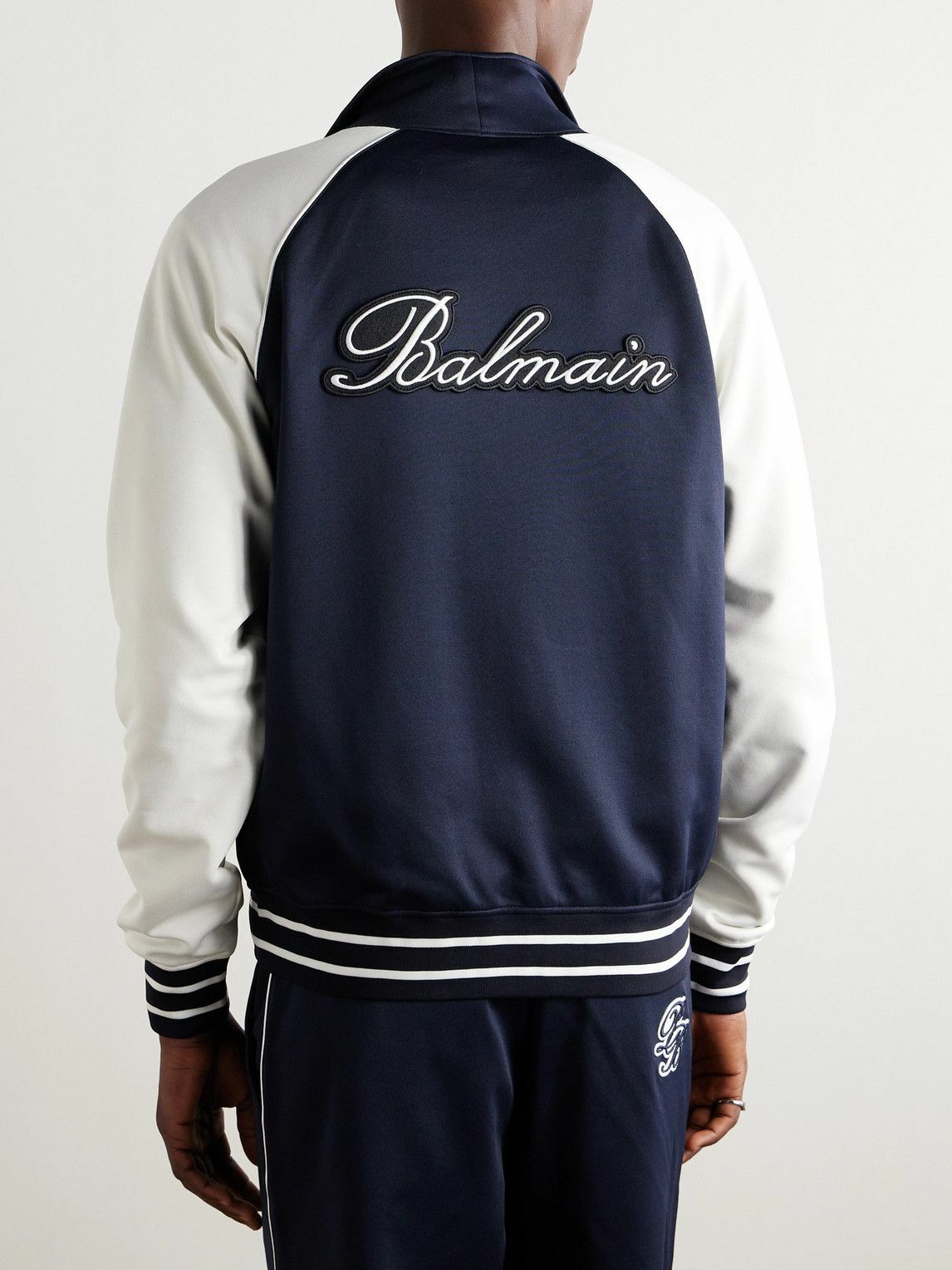 Balmain Logo-Appliquéd Striped Satin-Jersey Track Jacket Blue