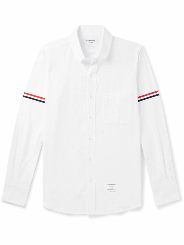 Photo: Thom Browne - Penny-Collar Striped Grosgrain-Trimmed Cotton-Seersucker Shirt - White