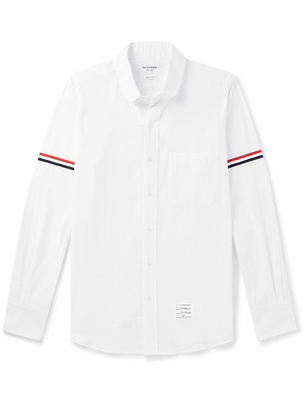 Photo: Thom Browne - Penny-Collar Striped Grosgrain-Trimmed Cotton-Seersucker Shirt - White