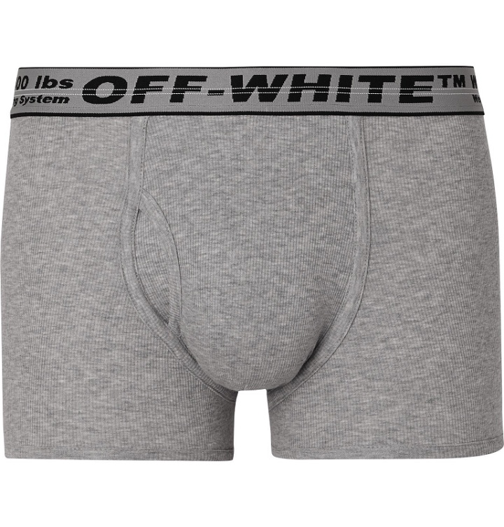 Photo: Off-White - Three-Pack Ribbed Mélange Stretch-Cotton Boxer Briefs - Gray