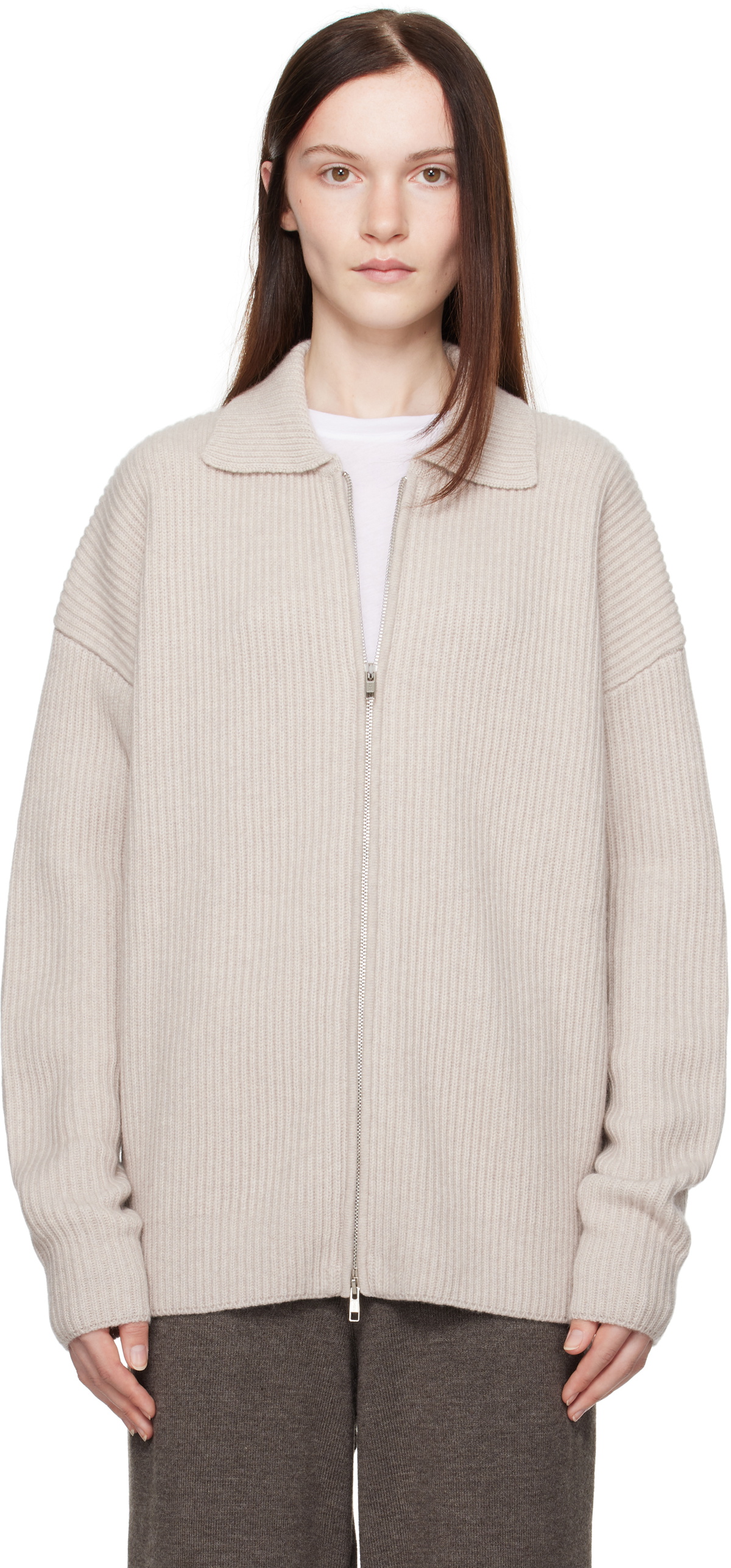 Aya Muse Beige Cashmere Collared Zip Cardigan