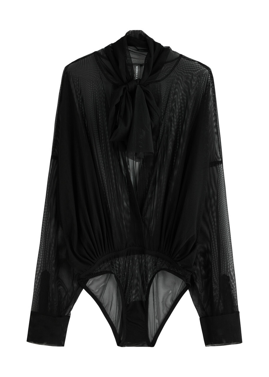 Norma Kamali Sheer Mesh Shirt Bodysuit Black