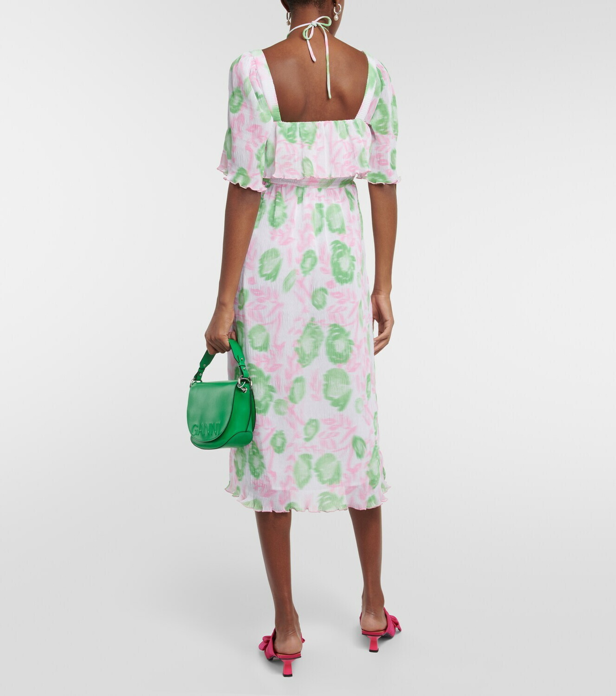 light green midi dress with sleeves Light Green Fruit Print Puff-Sleeve Midi Dress w/ Slit