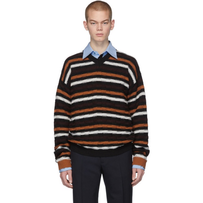 Photo: Marni Black and Orange Stripe V-Neck Sweater