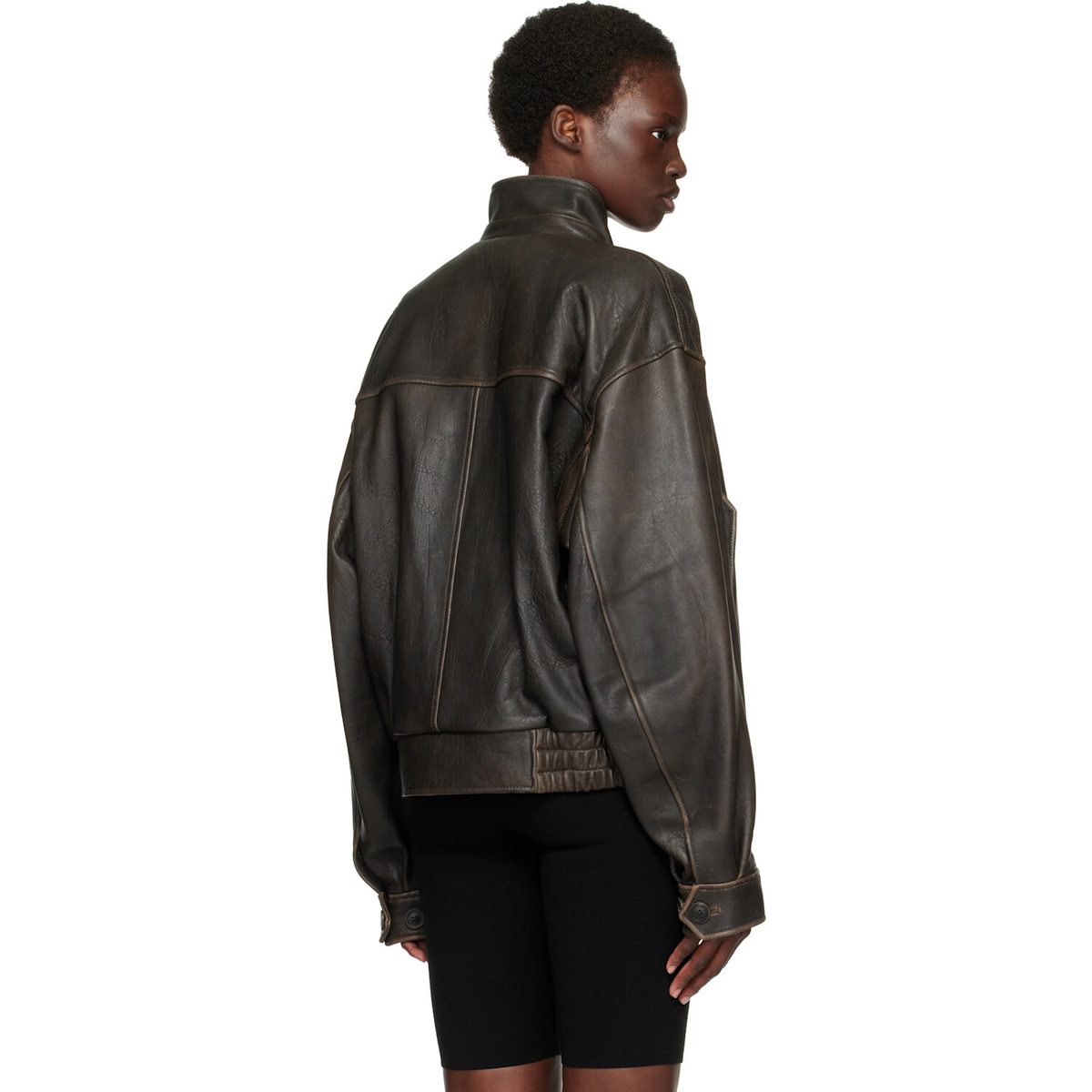 COOR Brown Vintage Shelter Neck Collar Leather Jacket