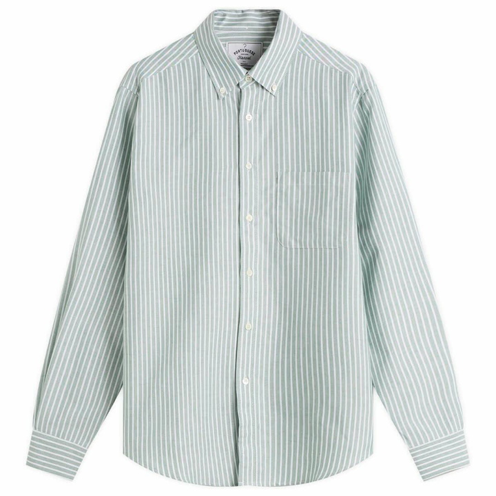 Photo: Portuguese Flannel Men's Belavista Stripe Button Down Oxford Shirt in White/Blue