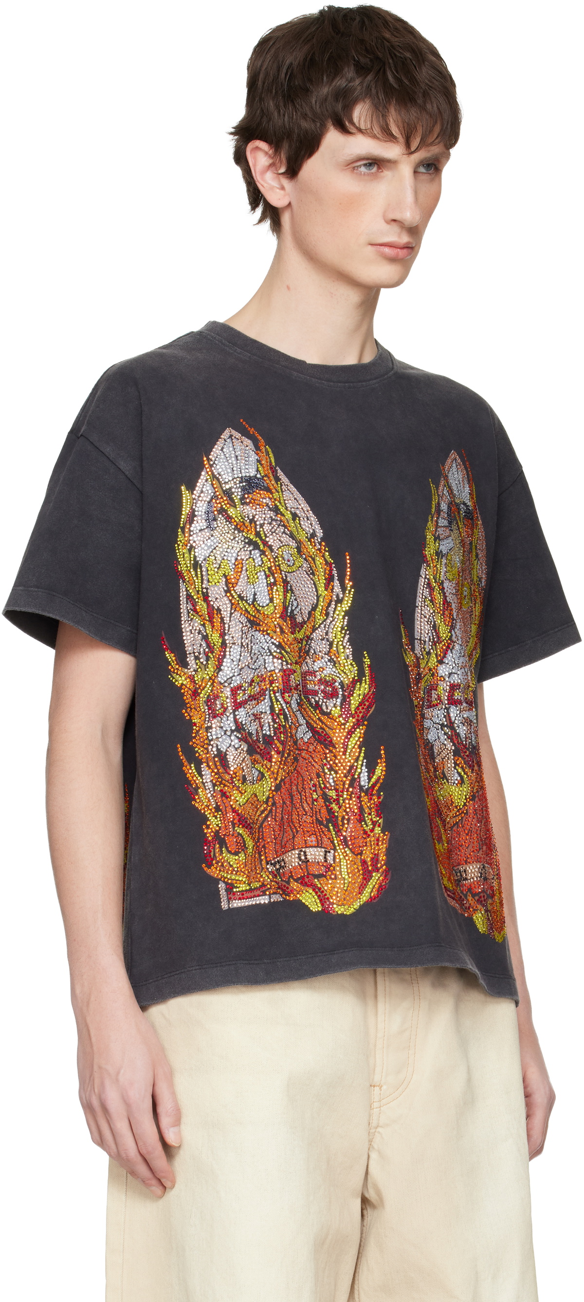 Who Decides War Black Rhinestone Flame Glass T-shirt