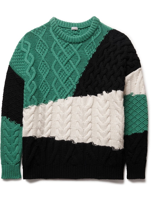 Photo: Loewe - Colour-Block Cable-Knit Wool Sweater - Green