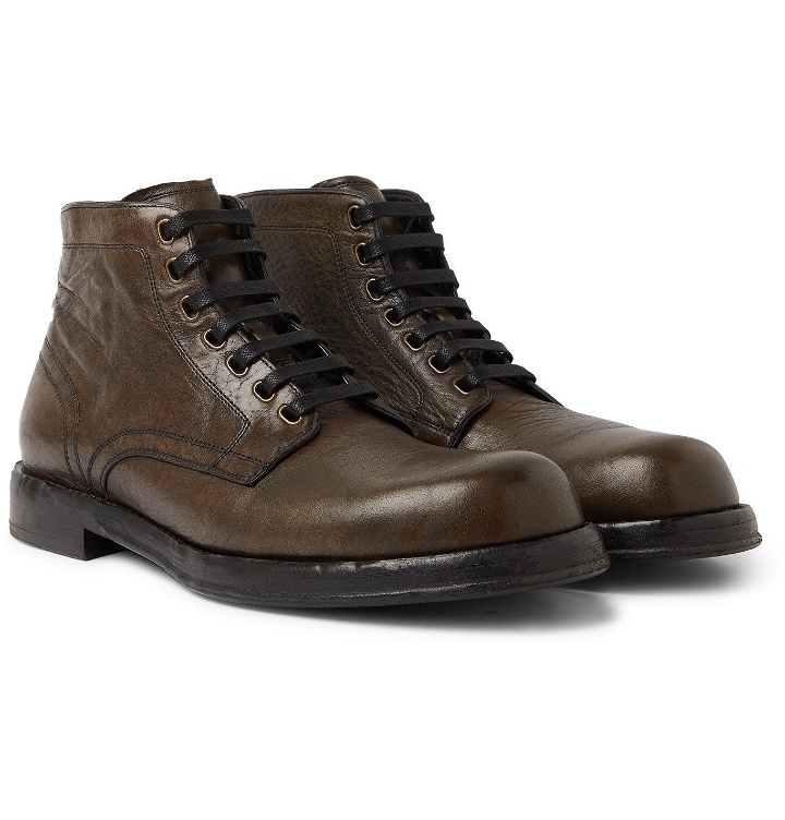 Photo: Dolce & Gabbana - Distressed Crinkled-Leather Boots - Brown