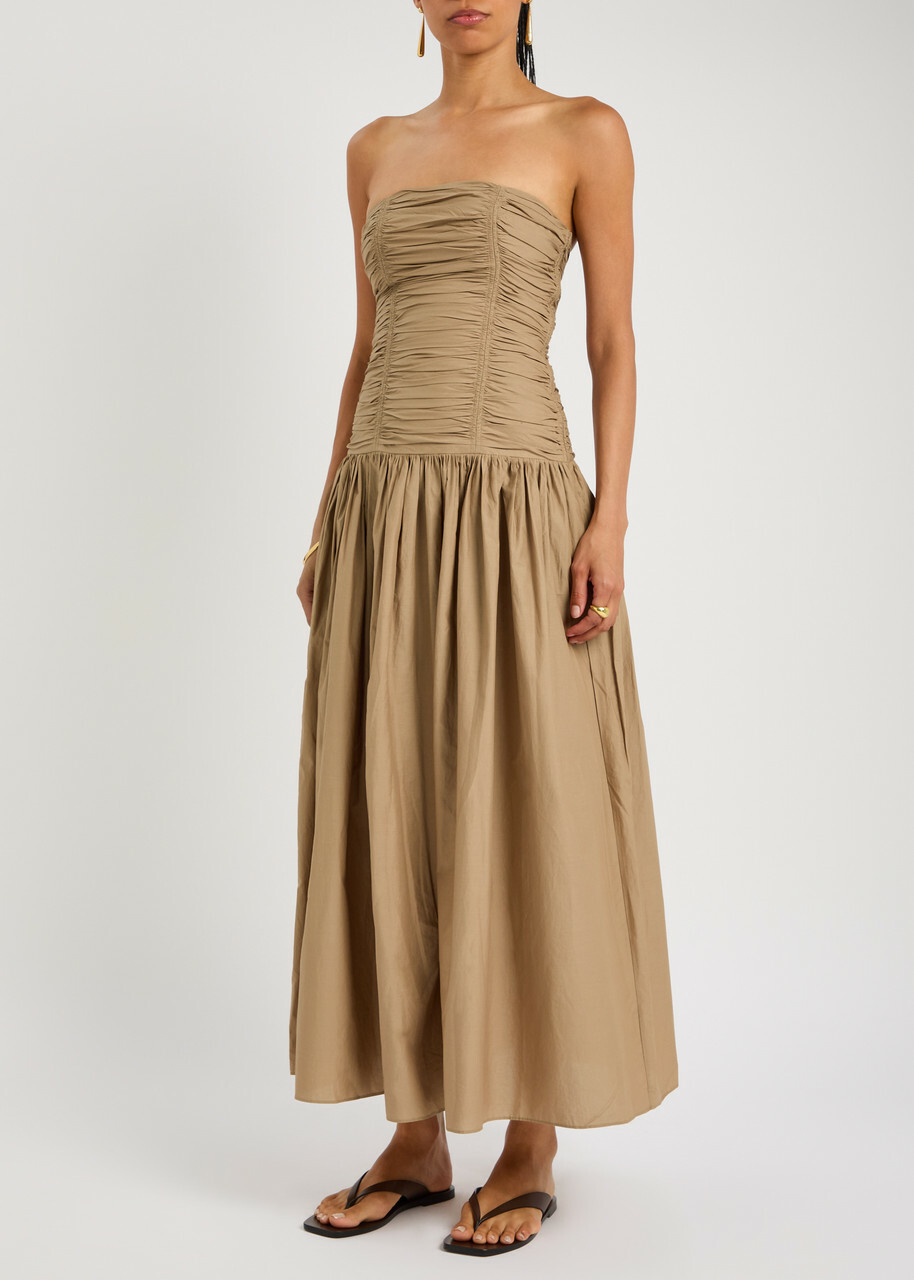 Matteau Strapless Drop Waist Cotton-poplin Midi Dress Stone
