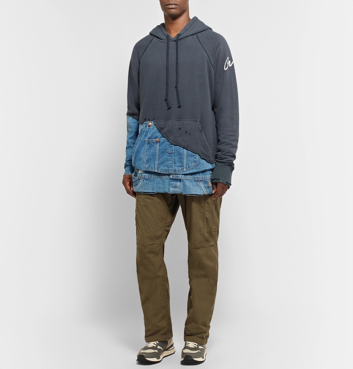 GREG LAUREN Paneled Distressed Loopback Cotton-Jersey and Denim