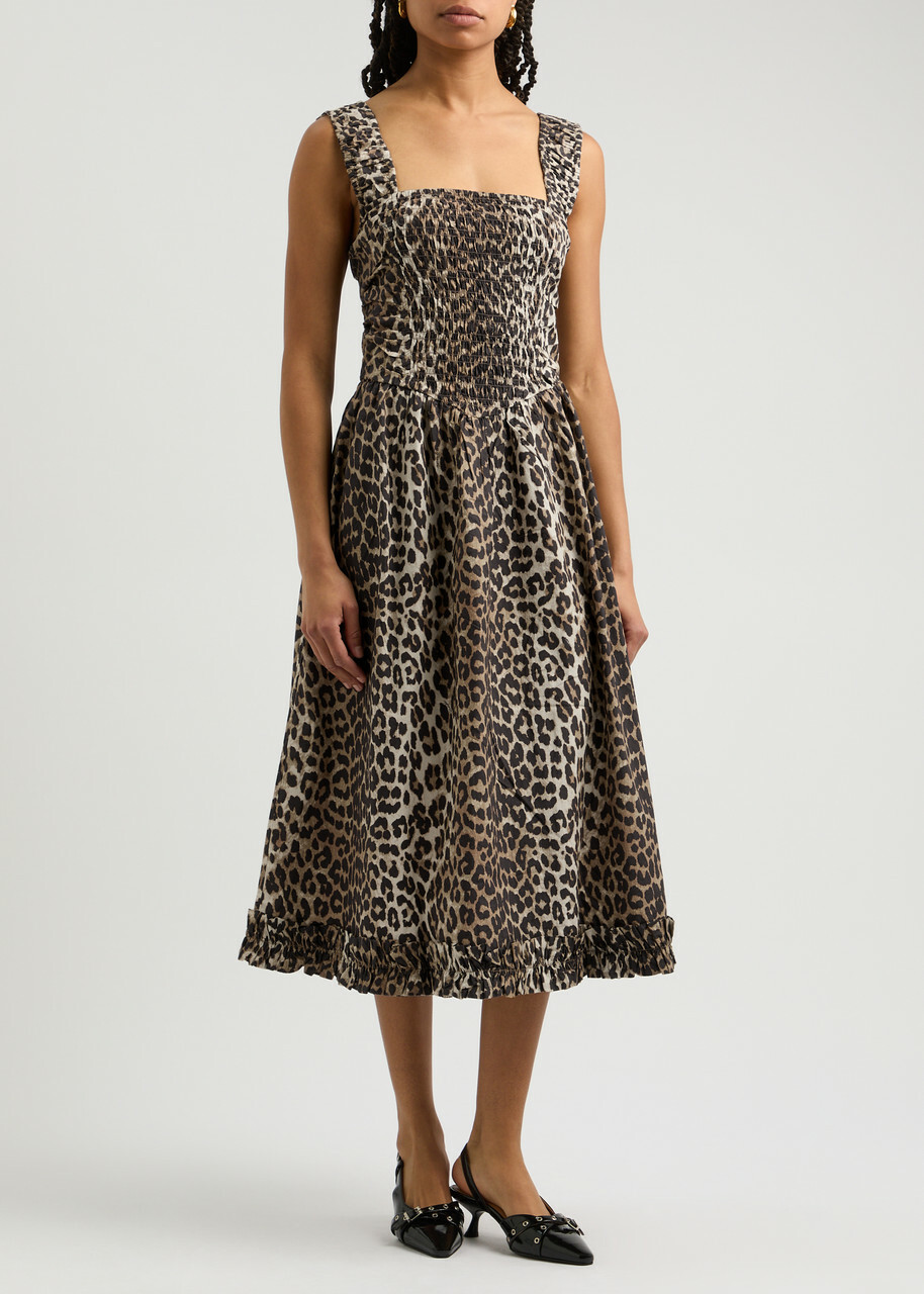 VIP【関税送料無料】希少 Ganni LEOPARD PRINT MIDI DRESS Leopard Tie Strap Midi Dress | GANNI