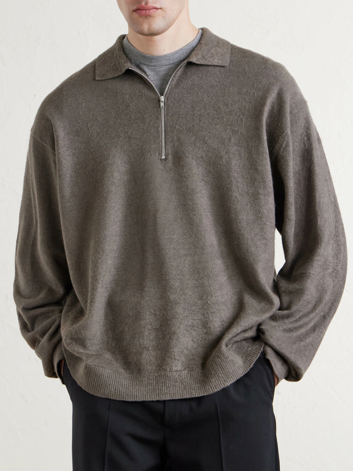 ATON - Linen and Cotton-Blend Half-Zip Polo Sweater - Gray