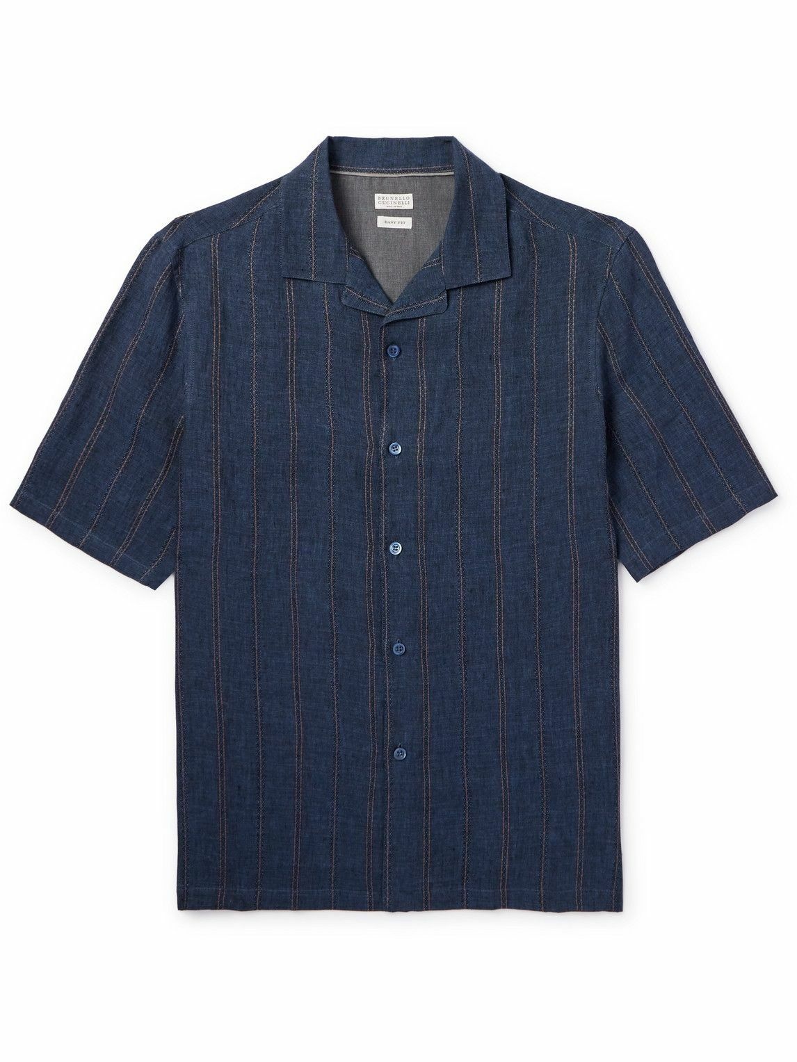 Photo: Brunello Cucinelli - Camp-Collar Embroidered Striped Linen Shirt - Blue