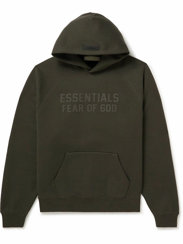 Photo: FEAR OF GOD ESSENTIALS - Logo-Appliquéd Fleece-Back Cotton-Blend Jersey Hoodie - Green