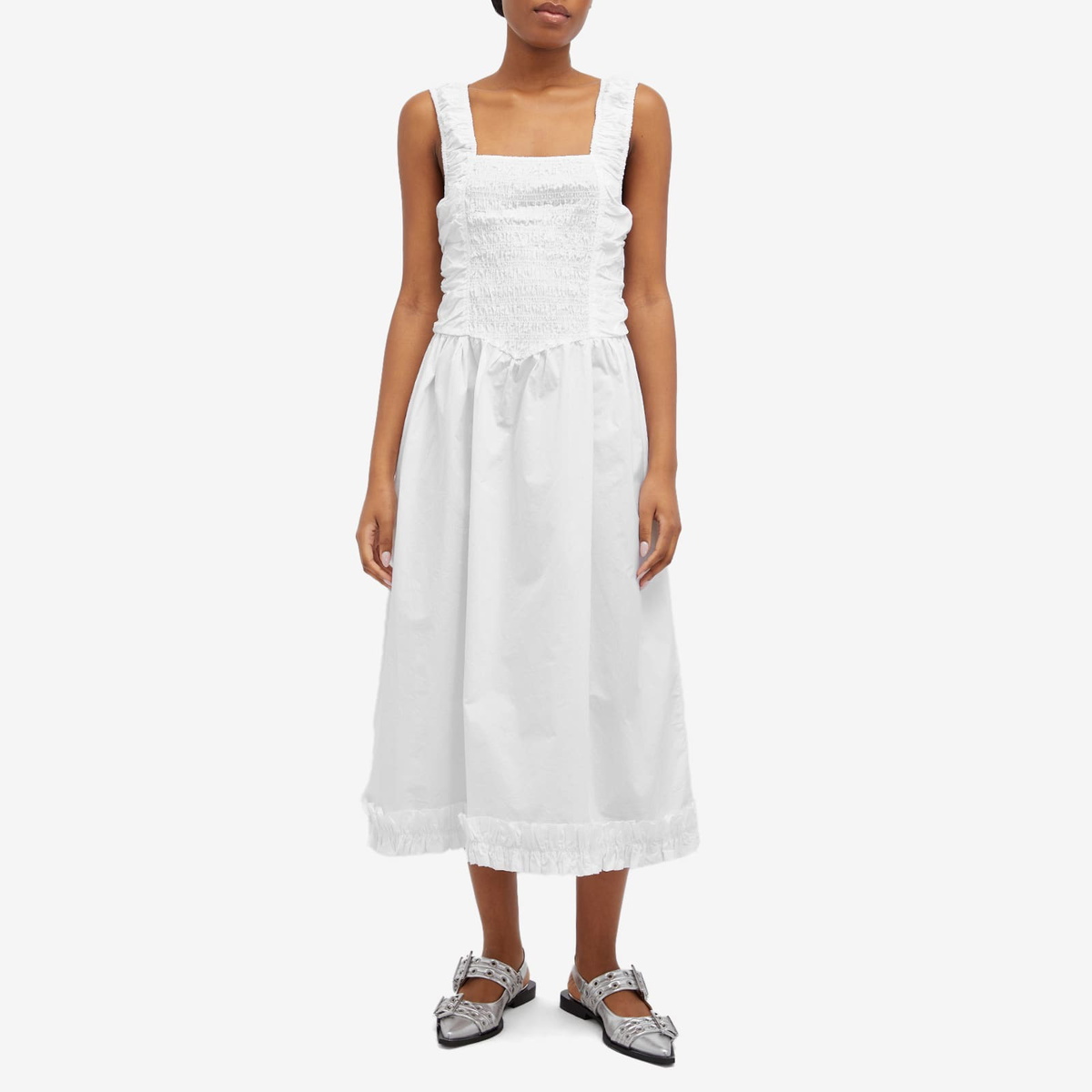 GANNI Women's Midi Strap Smock Dress in Bright White GANNI