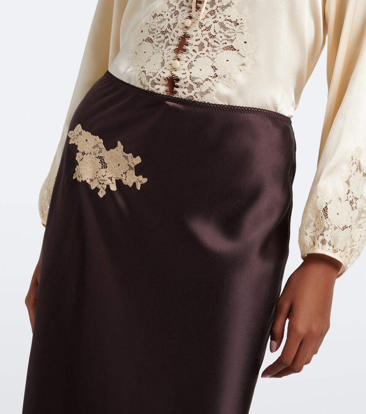 Dôen Elowen lace-trimmed silk satin midi skirt
