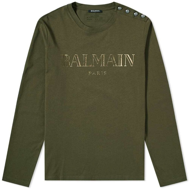 Photo: Balmain Long Sleeve Paris Logo Button Tee