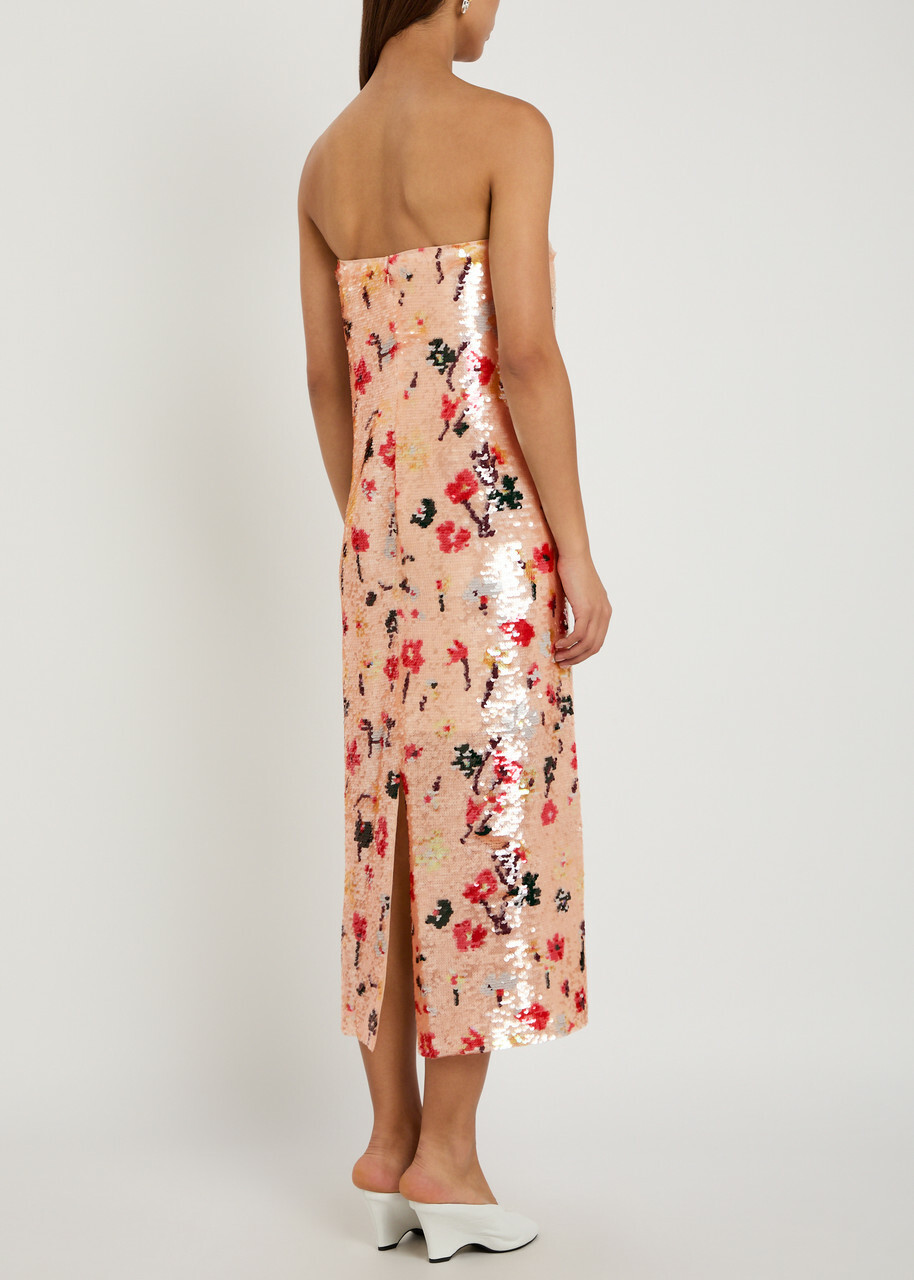 Tory Burch Floral Strapless Sequin Midi Dress Pink