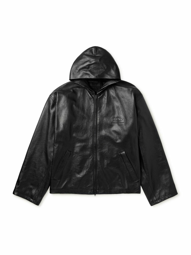 Photo: Balenciaga - Oversized Logo-Debossed Leather Hooded Jacket - Black