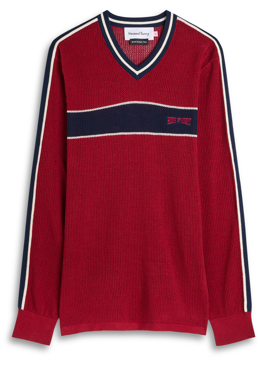 House OF Sunny Joey Stripe-trimmed Fine-knit top Red