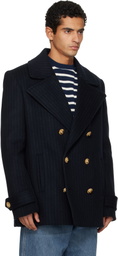 Balmain Navy Short Striped Wool Pea Coat