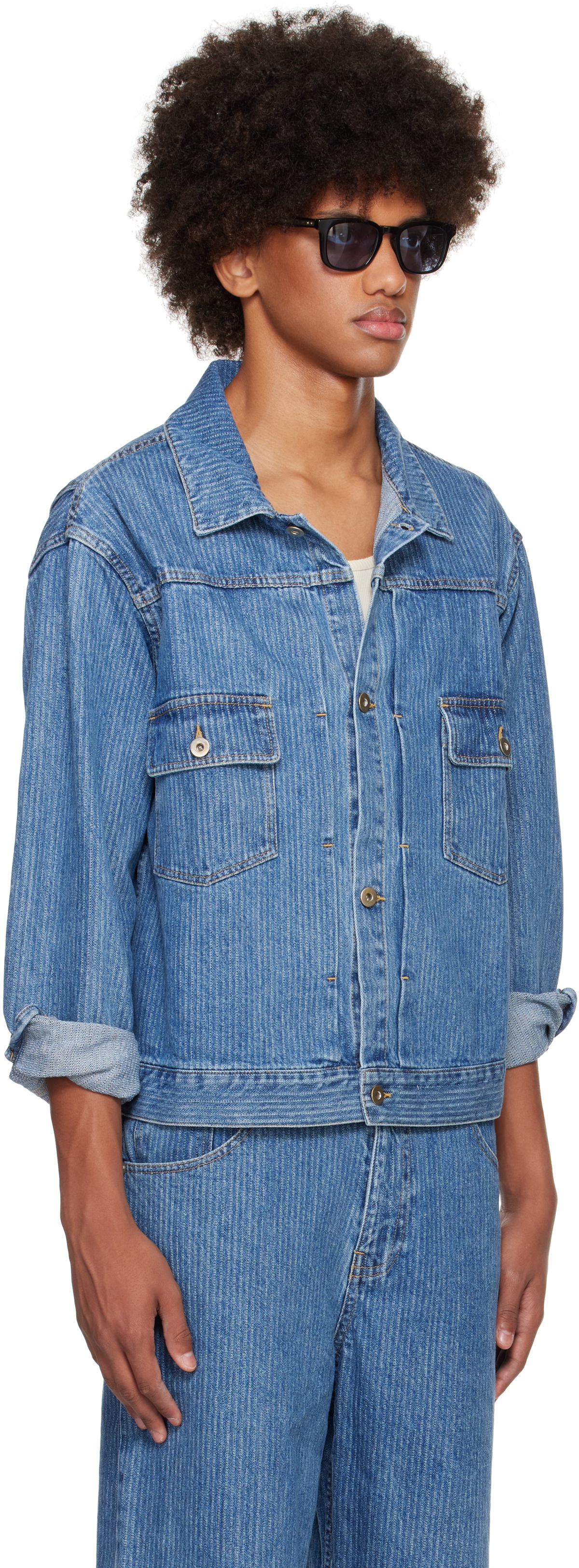 Small Talk Studio Blue Jacquard Stripe Denim Trucker Jacket