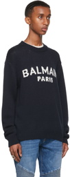 Balmain Navy Merino Intarsia Logo Sweater