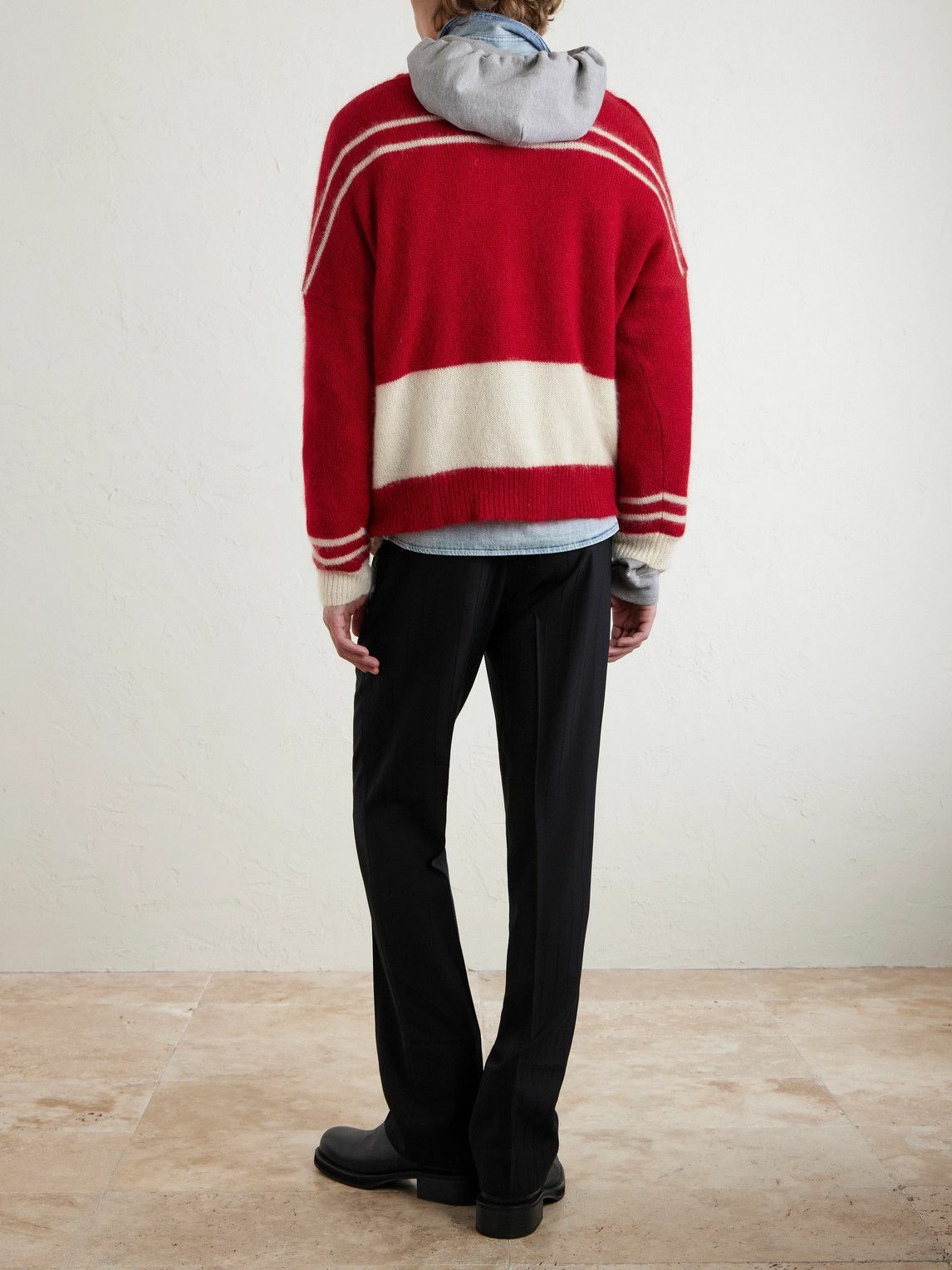 Enfants Riches Déprimés - Rat Embroidered Striped Mohair and Silk-Blend Sweater - Red