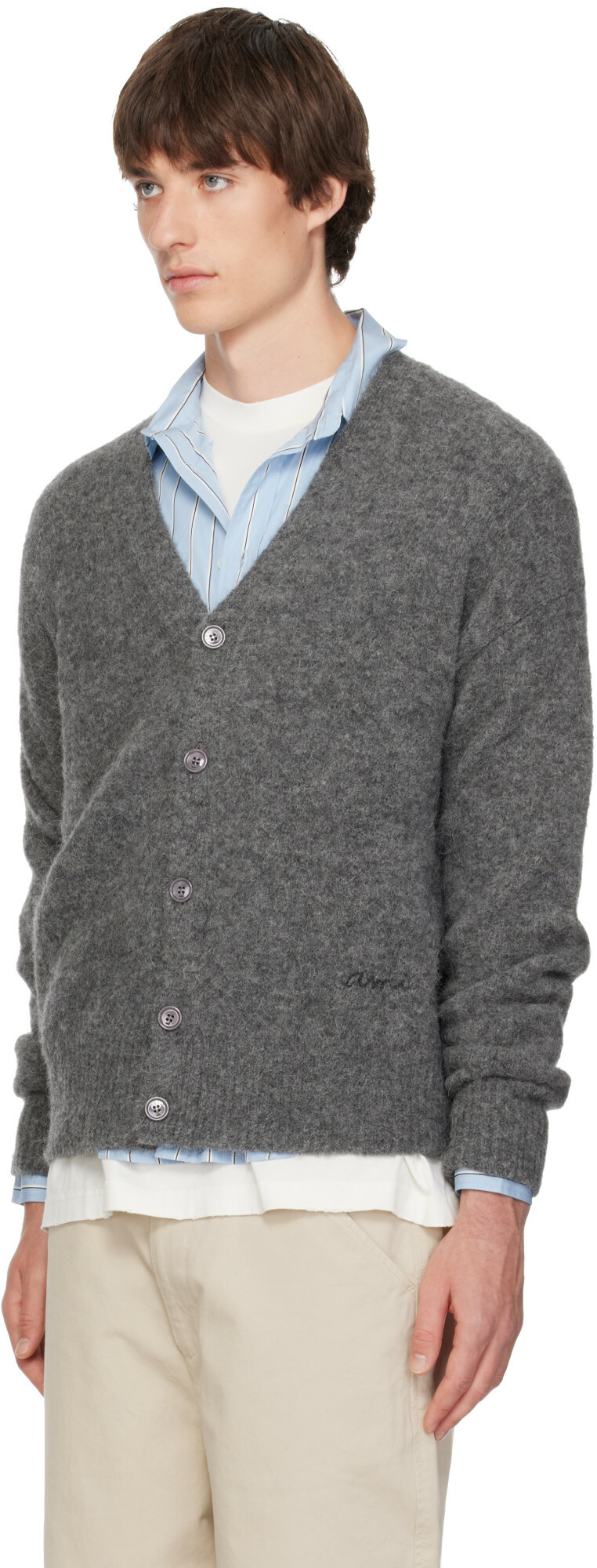 AMI Paris Gray V-Neck Ami Cardigan