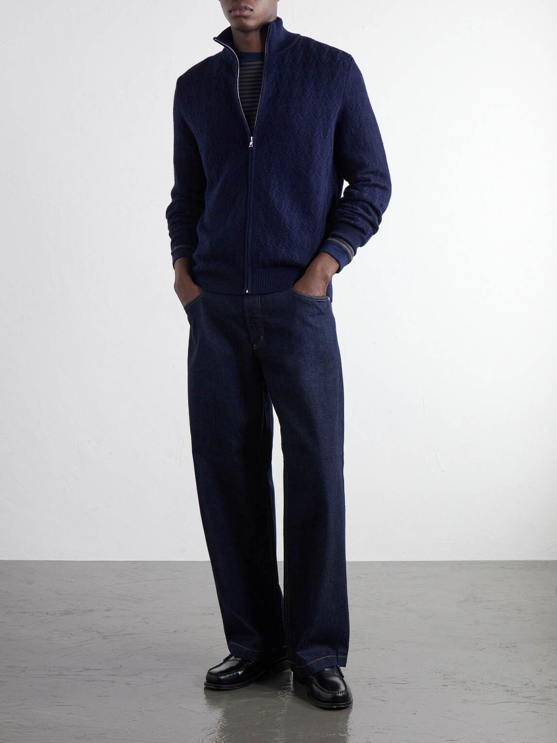Mr P. - Pointelle-Knit Merino Wool Zip-Up Cardigan - Blue