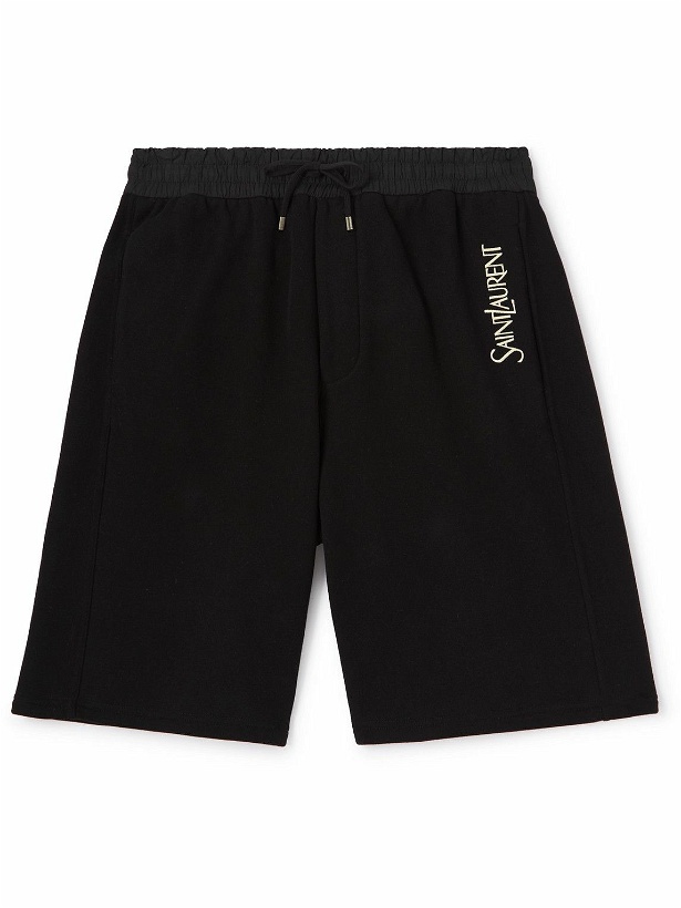 Photo: SAINT LAURENT - Straight-Leg Logo-Embroidered Cotton-Jersey Drawstring Shorts - Black