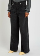 Ganni Lari Floral-embroidered Wide-leg Jeans Black