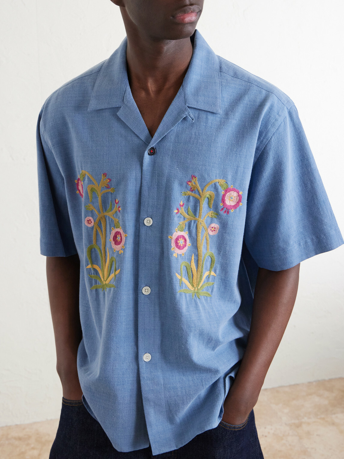 Kardo - Ronen Convertible-Collar Embroidered Cotton Shirt - Blue