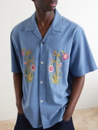 Kardo - Ronen Convertible-Collar Embroidered Cotton Shirt - Blue