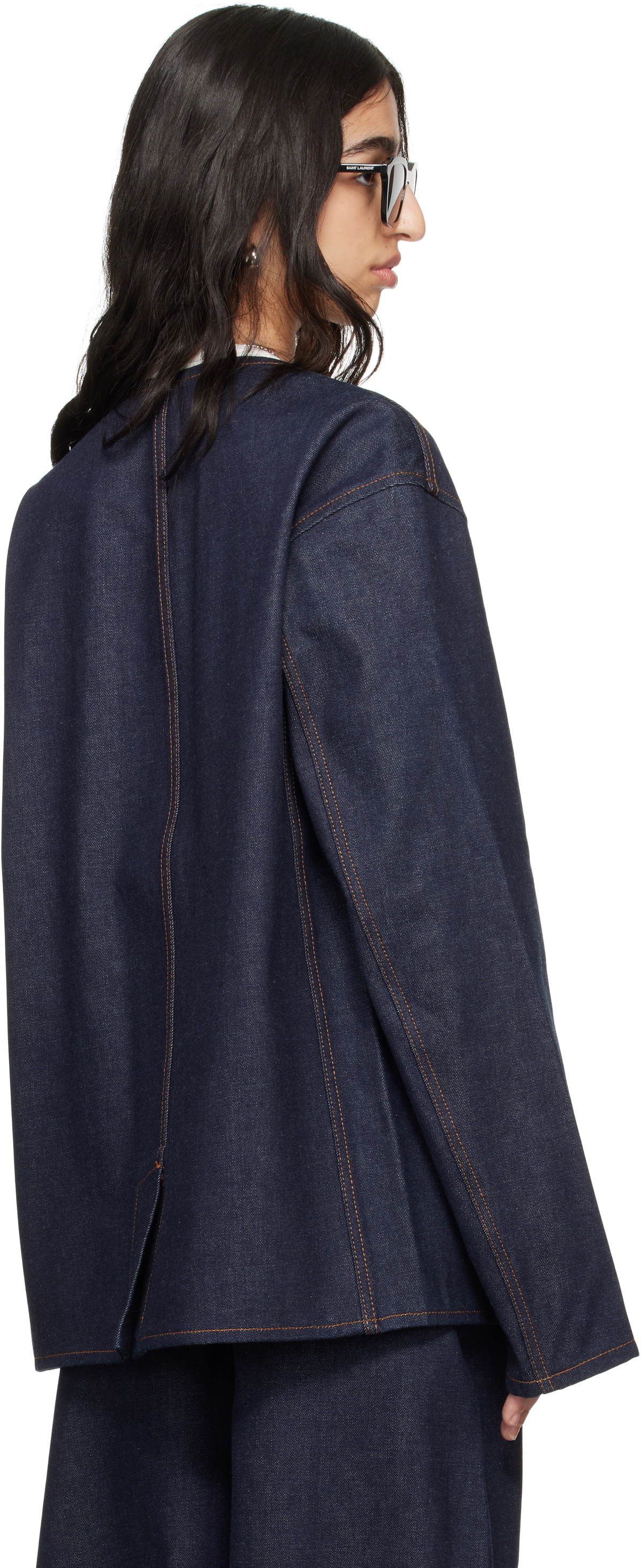 Meta Campania Collective Blue Leon Collarless Raw Denim Jacket